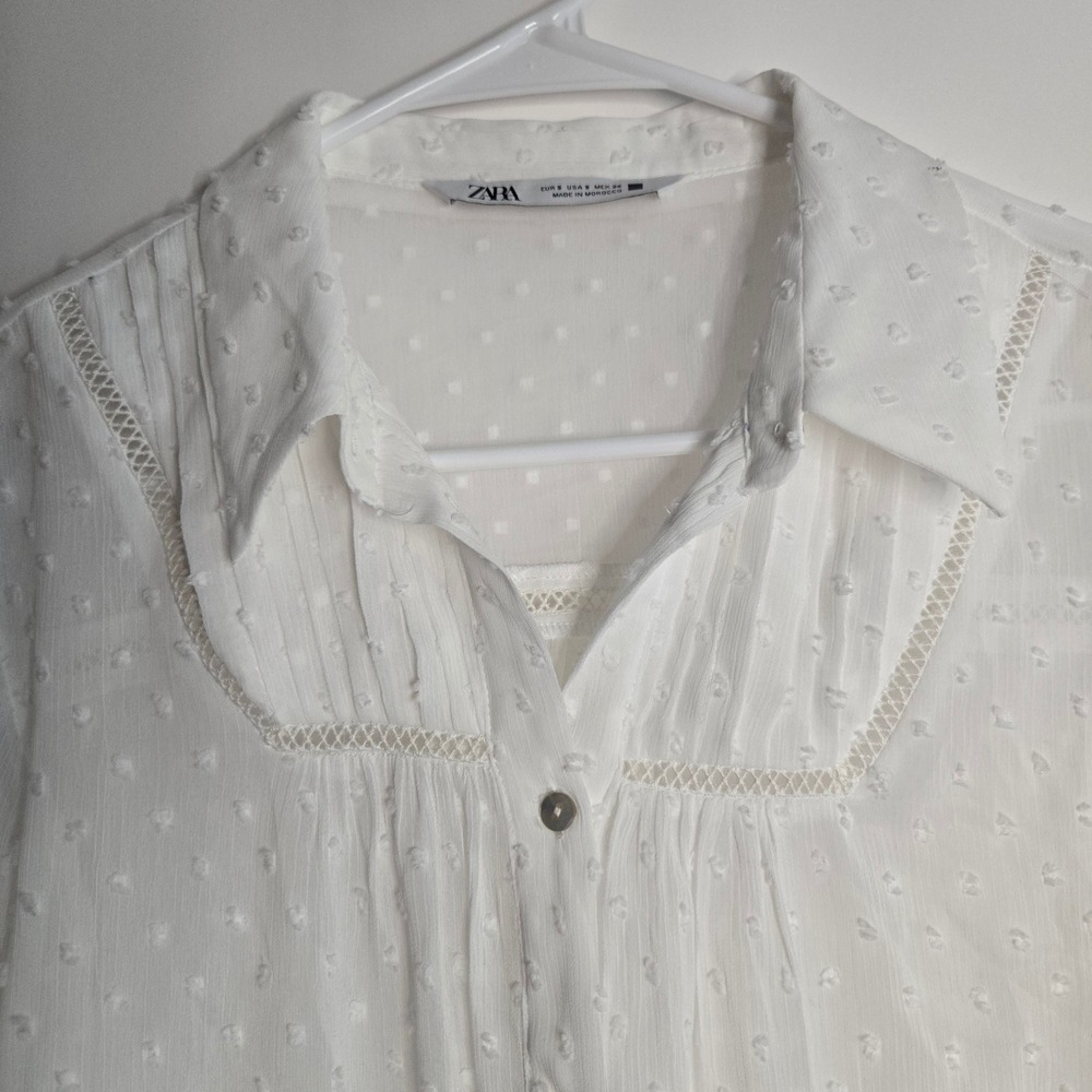 Zara White Swiss Dot Lace Trim Button Up Blouse Small Semi Sheer Boho Top - Picture 2 of 11